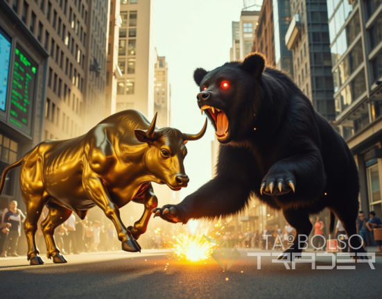 Ilustração de um touro e um urso representando as tendências do mercado financeiro no day trade