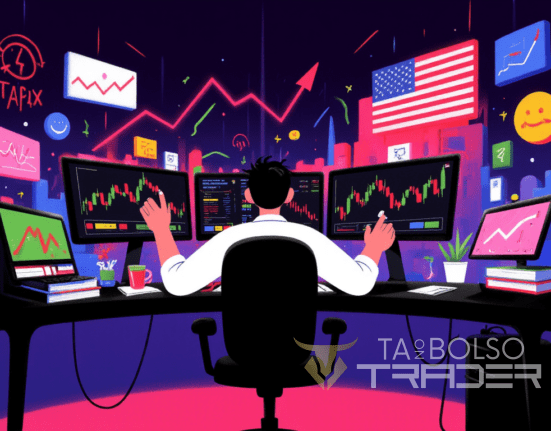 Trader em mesa proprietária no mercado americano com monitores de dados