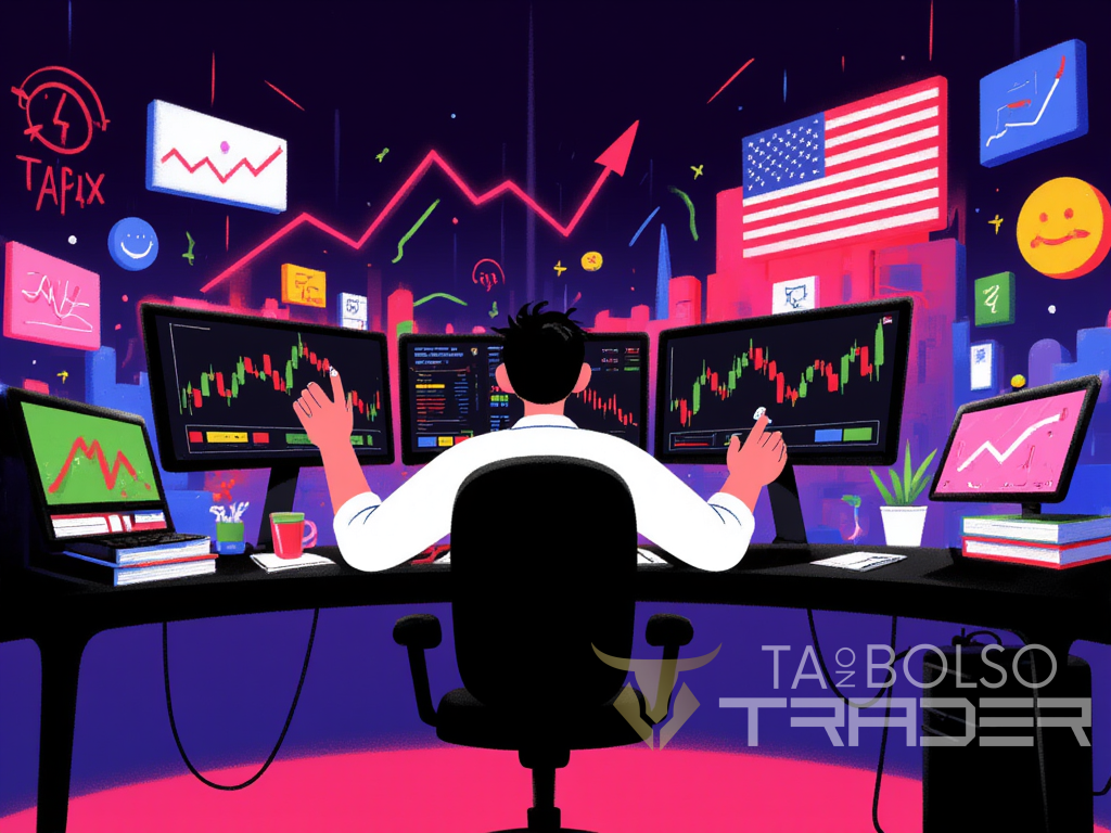 Trader em mesa proprietária no mercado americano com monitores de dados