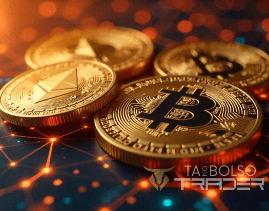Representação digital de criptomoedas com blockchain ao fundo