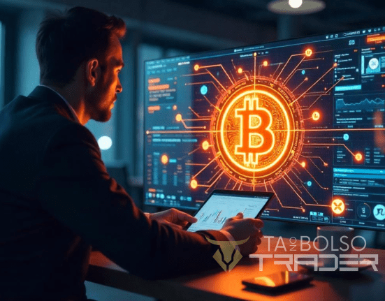 Ilustração de criptomoedas como Bitcoin em um ambiente digital