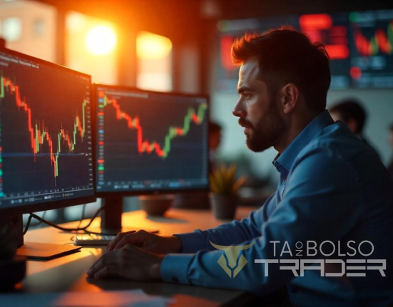 Trader aplicando estratégia scalp no day trade com gráfico de velas e indicadores