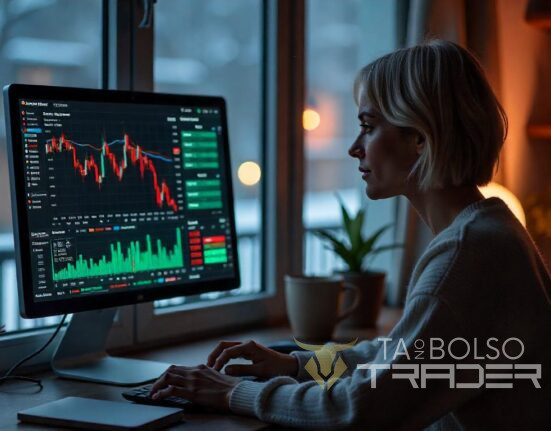 Um trader brasileiro analisando um calendário econômico com eventos como Copom e payroll, ao lado de um gráfico de 2 minutos do WDO com IFR e tape reading, em um setup com vista de São Paulo.
