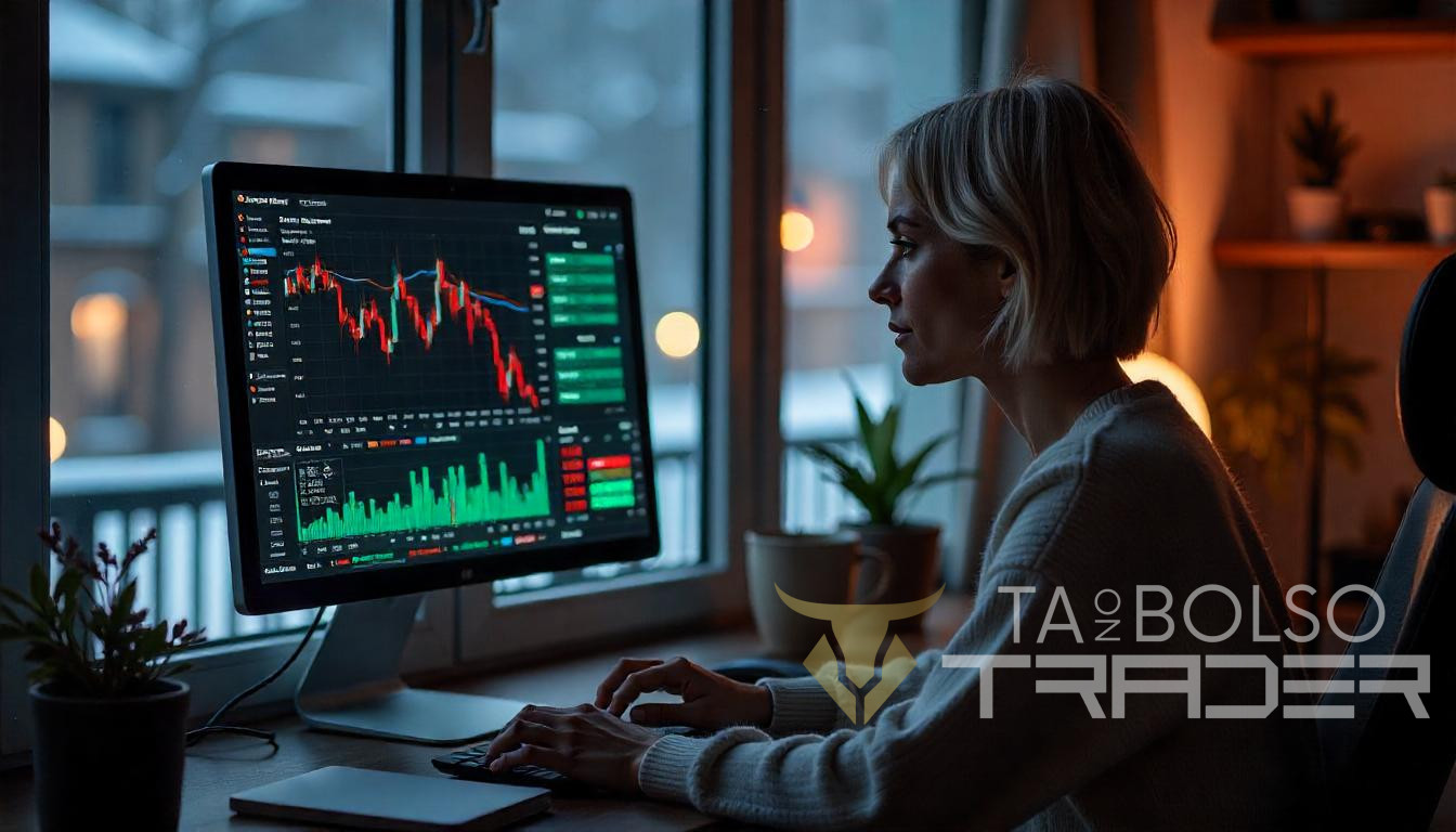Um trader brasileiro analisando um calendário econômico com eventos como Copom e payroll, ao lado de um gráfico de 2 minutos do WDO com IFR e tape reading, em um setup com vista de São Paulo.